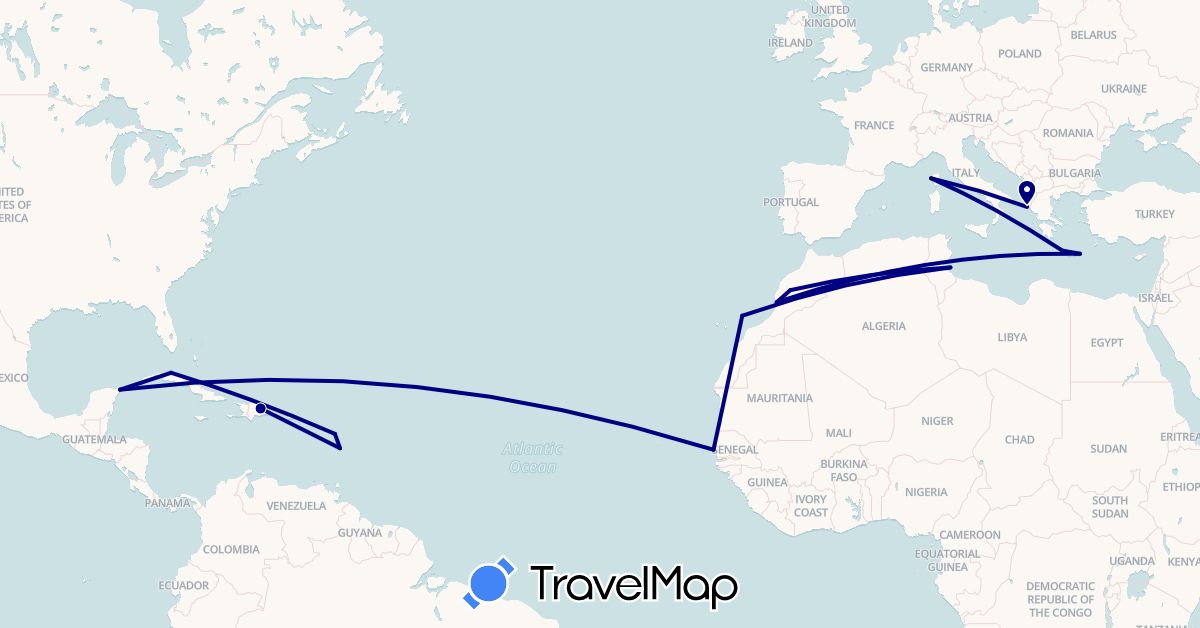 TravelMap itinerary: driving in Cuba, Dominican Republic, Spain, France, Greece, Morocco, Mexico, Senegal, Tunisia (Africa, Europe, North America)